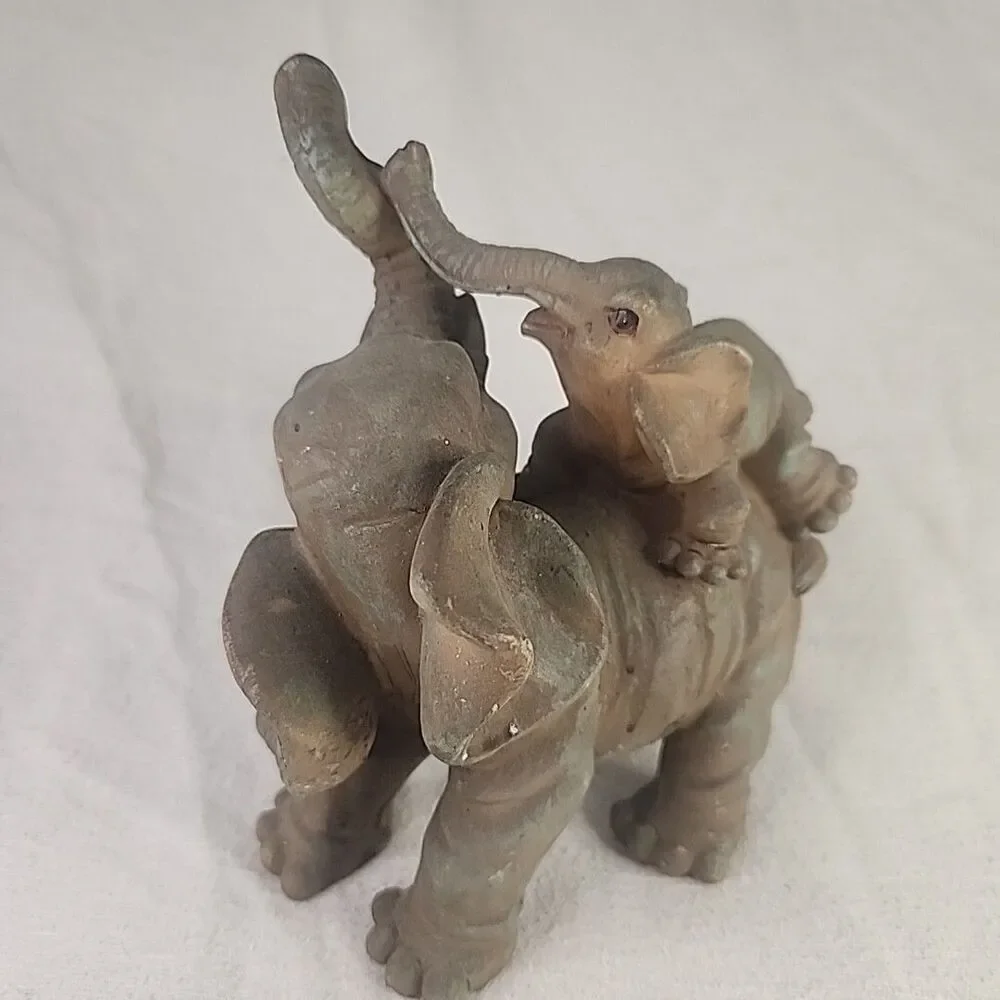 Elephant Safari Whimsical Father & Baby Piggyback Figurine Trunck Up 6 1/5